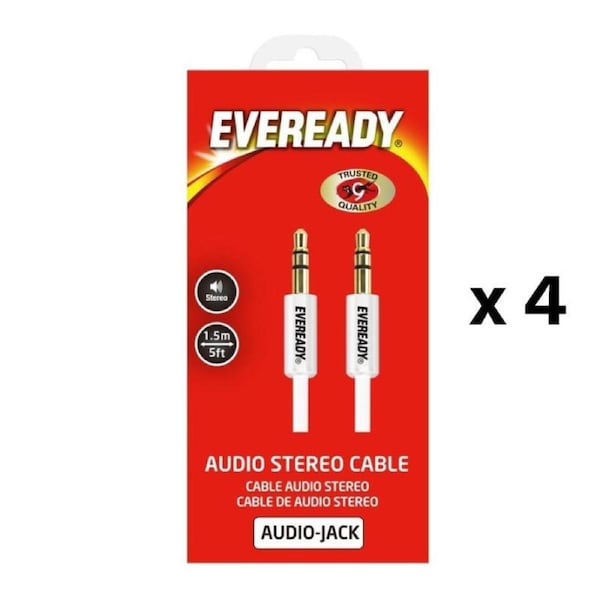 Eveready Cable Audio (AUX) Cable 3.5mm Jack 1.5 Metre White [4 Pack]