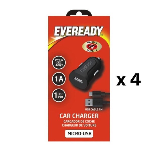 4x Eveready Car Charger 1A with Micro-USB Cable Black