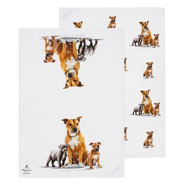 2pc Ashdene Puppy Love Staffy Terrier Kitchen Tea Towel Cloth 50x70cm White