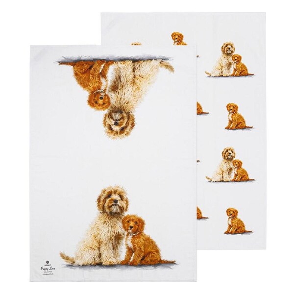 2pc Ashdene Puppy Love Cavoodle Kitchen Tea Towel Dish Cloth 50x70cm White