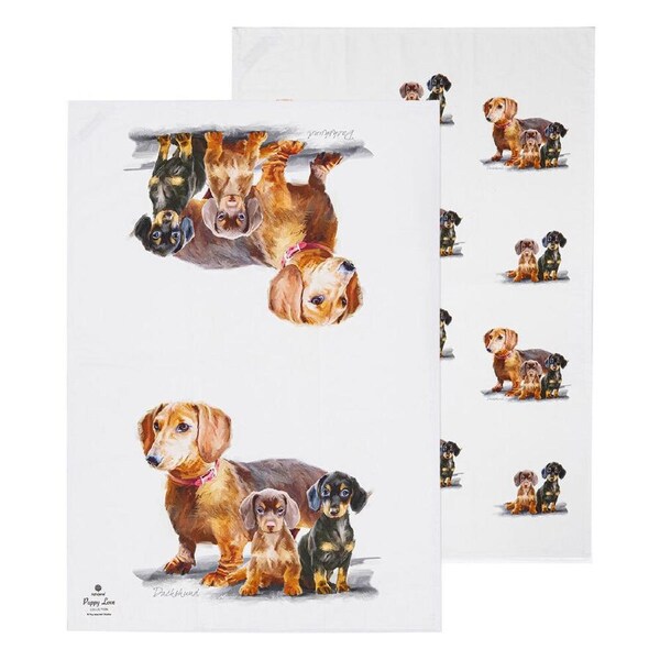 2pc Ashdene Puppy Love Dachshund Kitchen Tea Towel Dish Cloth 50x70cm White