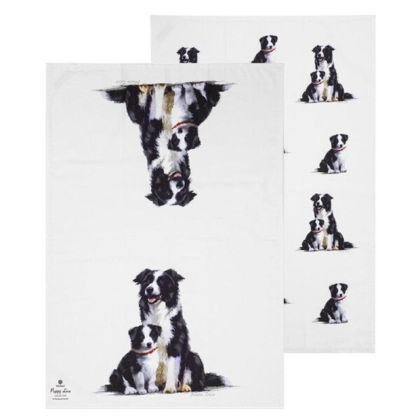 2pc Ashdene Puppy Love Border Collie Kitchen Tea Towel Dish Cloth 50x70cm WHT