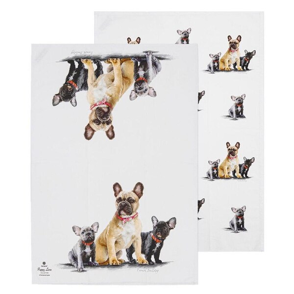 2pc Ashdene Puppy Love French Bulldog Kitchen Tea Towel Cloth 50x70cm White