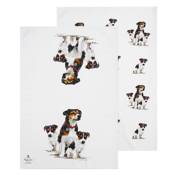 2pc Ashdene Puppy Love Jack Russell Kitchen Tea Towel Dish Cloth 50x70cm WHT