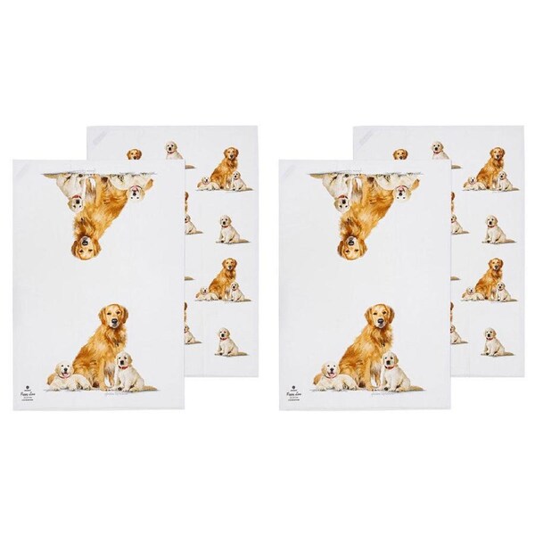 2x 2pc Ashdene Puppy Love Golden Retriever Kitchen Tea Towel Cloth 50x70cm White