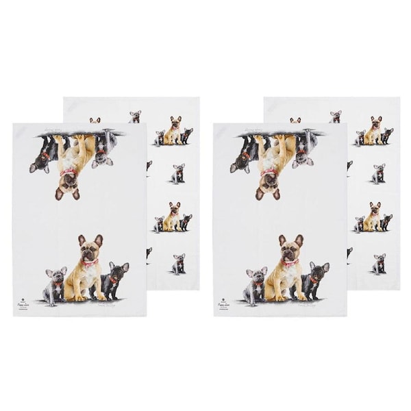 2x 2pc Ashdene Puppy Love French Bulldog Kitchen Tea Towel Cloth 50x70cm White