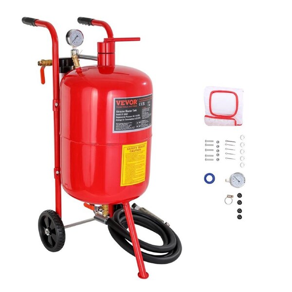 10Gal/40L Sandblaster Equipped w/Nozzle Shut-Off Valve Pressure Gauge Ceramic Nozzle Rubber Wheels Grit Power Sand Blasters Portable Sandblasting