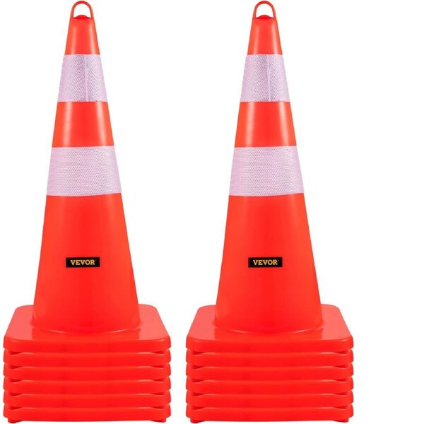 Safety Cones, 12 x 28" Traffic Cones, PVC Orange Construction Cones, 2 Reflective Collars Traffic Cones with Weighted Base and Hand-Held Ring Used for Traffic Control, Driveway Road