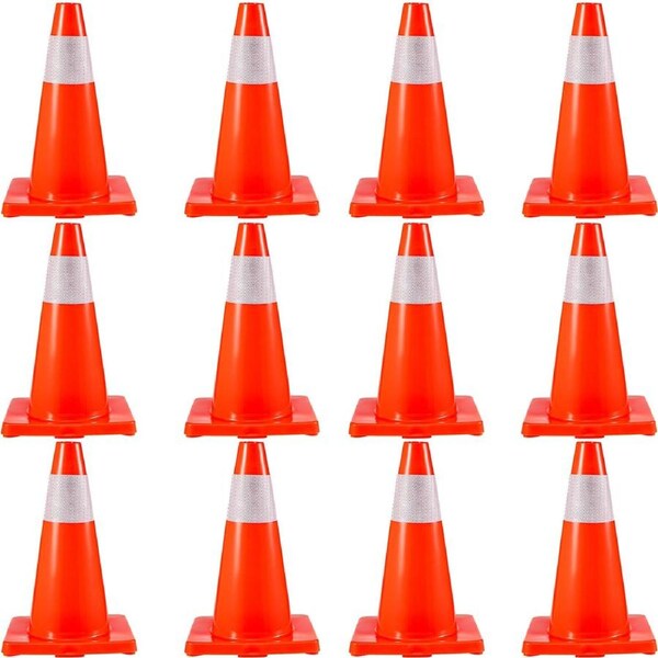 12Pack 18" Traffic Cones, Safety Road Parking Cones PVC Base, Orange Traffic Cone with Reflective Collars, Hazard Construction Cones for Home Traffic