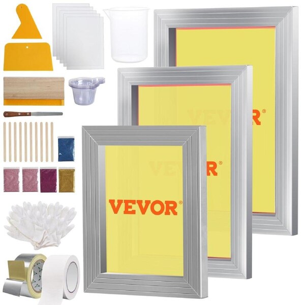 Screen Printing Kit, 3 Pieces Aluminum Silk Screen Printing Frames 25x36/20x30/15x25 cm 110 Count Mesh, 5 Glitters and Screen Printing Squeegees and Transparency Films for T-shirts