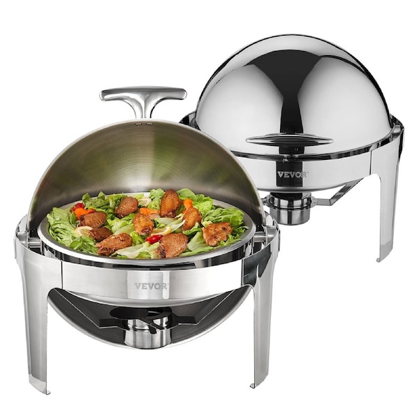 2-Pack Round Roll Top Chafing Dish Set with Full-Size 6Qt Pan Fuel Holder