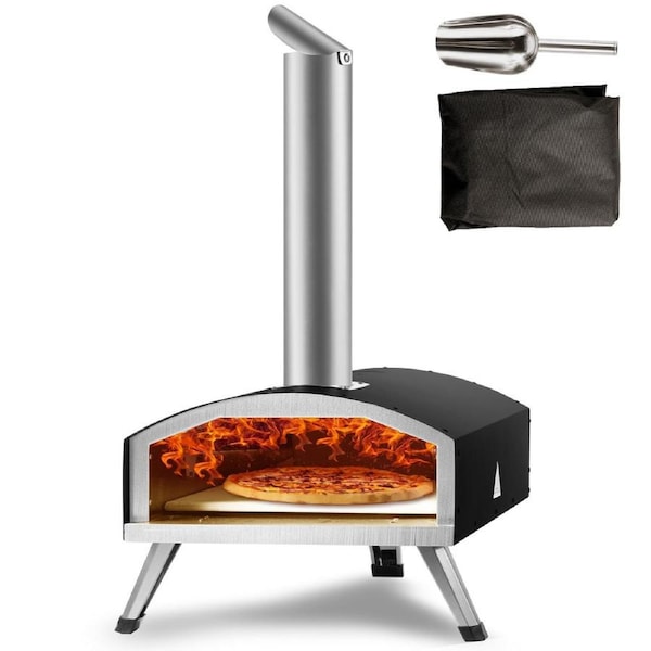 Outdoor Pizza Oven, 12-inch, Wood Pellet and Charcoal Fired Pizza Maker, Portable Outside Stainless Steel Pizza Grill with Pizza Stone, Waterproof Cover, Shovel, Wood Burner for Backyard