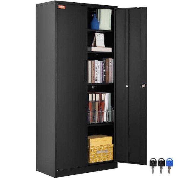 Metal Storage Cabinet with 2 Magnetic Doors and 4 Adjustable Shelves, 90 kg Capacity per Shelf, Locking Steel Storage Cabinet, 1.8 m Metal Cabinet with 3 Keys, for Office, Garage, Home,