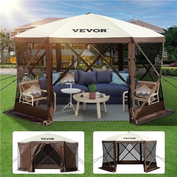 Pop-up Camping Gazebo Camping Canopy Shelter 6 Sided 10' x 10' Sun Shade