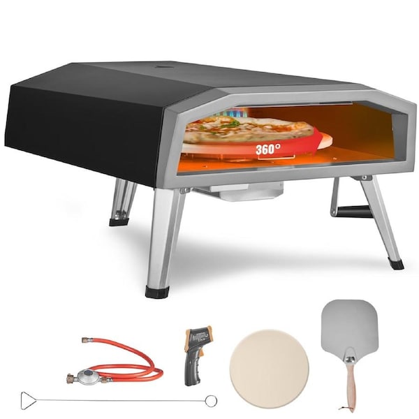 Outdoor Pizza Oven, 406.4 mm, Gas Fired Pizza Maker, Portable Outside Stainless Steel Pizza Grill with 360° Rotatable Pizza Stone, Waterproof Cover, Peel, IR Thermometer, Gas Burner, CSA