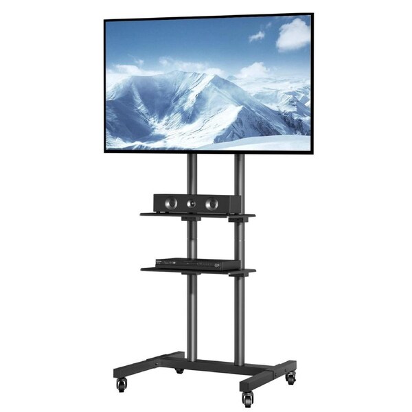 Mobile TV Stand, Mobile TV Cart for 32 to 70 inch TVs, Height Adjustable Portable TV Stand with Wheels, Double Tray for Audio-Visual Devices, Rolling TV Stand with Mount for Bedroom, Living