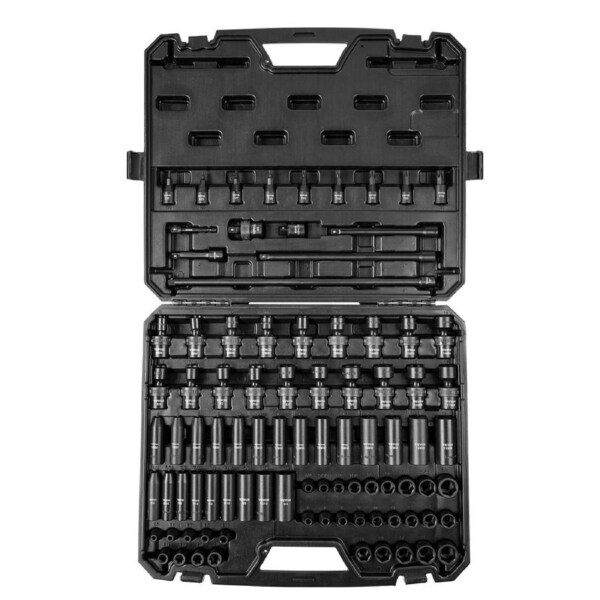 3/8" Drive Impact Socket Set, 90 Piece Socket Set SAE 1/4"-3/4" and Metric 6-19mm, 6 Point Cr-Mo Alloy Steel for Auto Repair, Includes Extension Bars Universal Joint Adapter Lock Storage