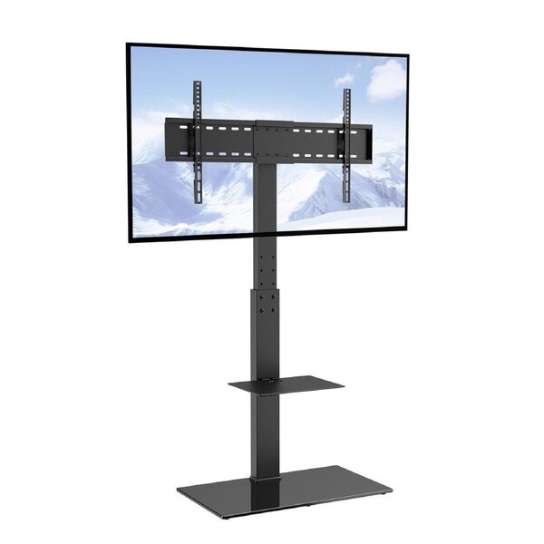 TV Stand Mount, Swivel Tall TV Stand for 32 to 85 inch TVs, Height Adjustable Portable Floor TV Stand with Tempered Glass Base for Bedroom, Living