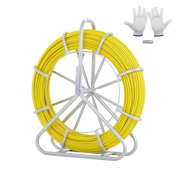 Fish Tape Fiberglass, 129.5 m, 6.35 mm, Duct Rodder Fishtape Wire Puller, Cable Running Rod with Steel Reel Stand, 3 Pulling Heads, Fishing Tools for Walls and Electrical Conduit,