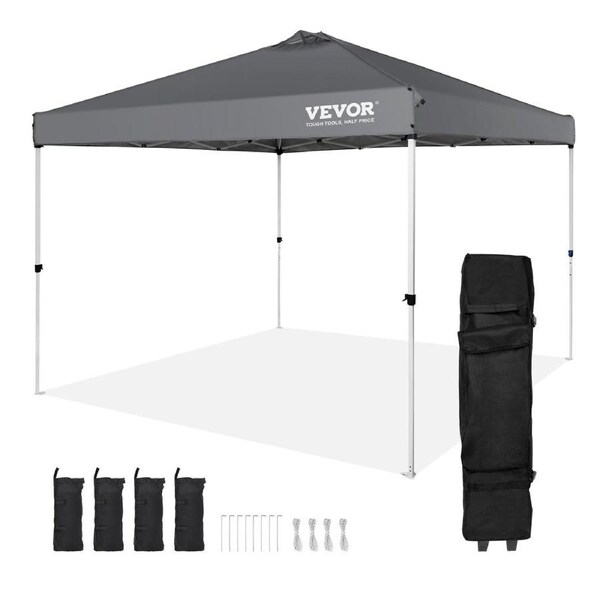 Pop Up Canopy Tent, 10 x 10 ft, 250 D PU Silver Coated Tarp, with Portable Roller Bag and 4 Sandbags, Waterproof and Sun Shelter Gazebo for Outdoor Party, Camping, Commercial Events, Dark