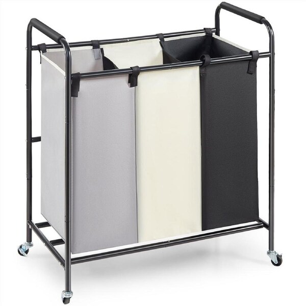 3-Section Laundry Basket, Heavy Duty Laundry Hamper Storage Organizer, Laundry Sorter Cart with Heavy Duty Lockable Wheels for Dirty Clothes in Laundry Room