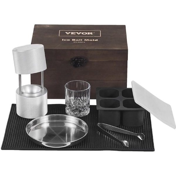 Ice Ball Press Kit, Aircraft Al Alloy Ice Press with Ice Block Mold, Large Mat, Tong, Drip Tray, One Glass, Round Ice Ball Maker 2.4"/60 mm Ice Sphere, for Whiskey, Cocktail on Party &