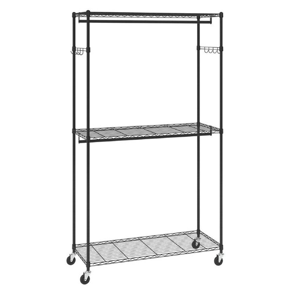 Heavy Duty Clothes Rack, Rolling Clothing Garment Rack with 3 Storage Tiers, 2 Rods and 2 Pairs Side Hooks, Adjustable Height Clothing Rack Closet for Hanging Clothes, 182 kg Load