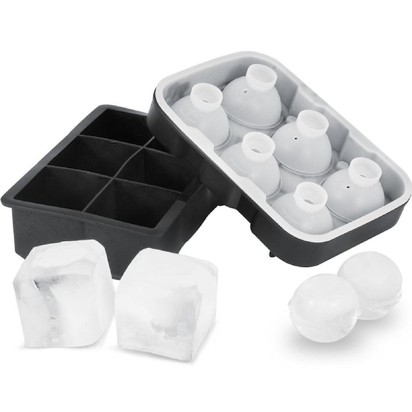 Ice Cube Trays (Set of 2), 2-in-1 Combo with Silicone Sphere Ice Ball Maker & Large Square Ice Cube Maker with Lid, Reusable Easy Release BPA Free Ice Tray Set for Whiskey Cocktails
