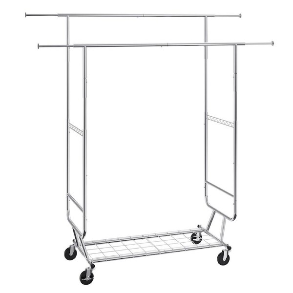 Heavy Duty Clothes Rack, Double Hanging Rod Clothing Garment Rack for Hanging Clothes, Adjustable Height and Extendable Length Clothing Rack with Bottom Storage Area, 272 KG Load
