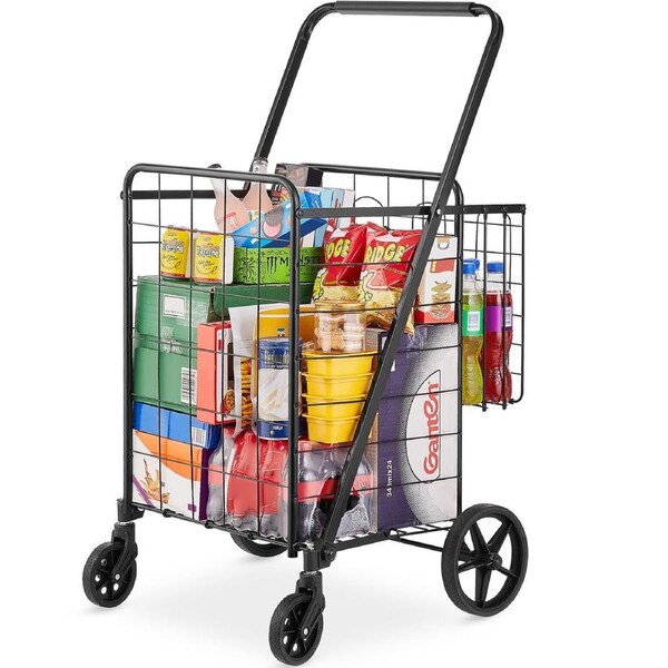 Folding Shopping Cart, Jumbo Grocery Cart with Double Baskets, 360° Swivel Wheels, Heavy Duty Utility Cart, 50 kg Large Capacity Utility Cart for Laundry, Shopping, Grocery,