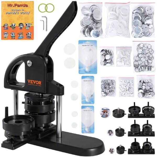 Button Maker Machine, 1/1.25/2.28 inch(25/32/58mm) 3-in-1 Pin Maker, Installation-Free Badge Punch Press Kit, Button Making Supplies with 300pcs Button Parts, Circle Cutter, Magic