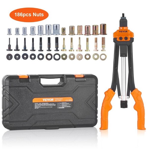 Rivet Nut Tool, 16” Rivnut Tool Kit with 13PCS Metric and SAE Mandrels, 186PCS Rivet Nuts, M3, M4, 10-24, M5, M6, 1/4-20, 8-32, 5/16-18, M8, 3/8-16, M10, M12, 1/2-13, Semi-auto
