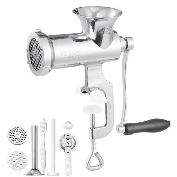 Manual Meat Grinder, 304 Stainless Steel Hand Meat Grinder with Steel Table Clamp, Meat Mincer Sausage Maker & 2 Cutting Plates, Cookie Attachment, Sausage Tube for Beef Pepper Mushroom