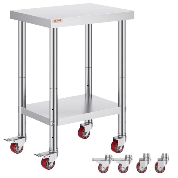 24x18x34 Inch Stainless Steel Work Table 3-Stage Adjustable Shelf with 4 Wheels Heavy Duty Commercial Food Prep Worktable with Brake for Kitchen Prep