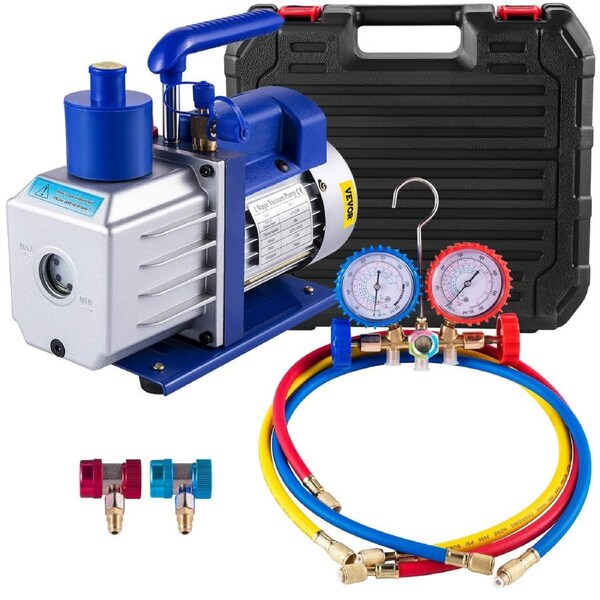 Vacuum Pump 4.8CFM 1/3HP Air Vacuum Pump HVAC A/C Air Refrigerant Rotary Vane Vacuum Pump Single Stage 4 Valve AC Manifold Gauge Set (4.8CFM1/3HP)