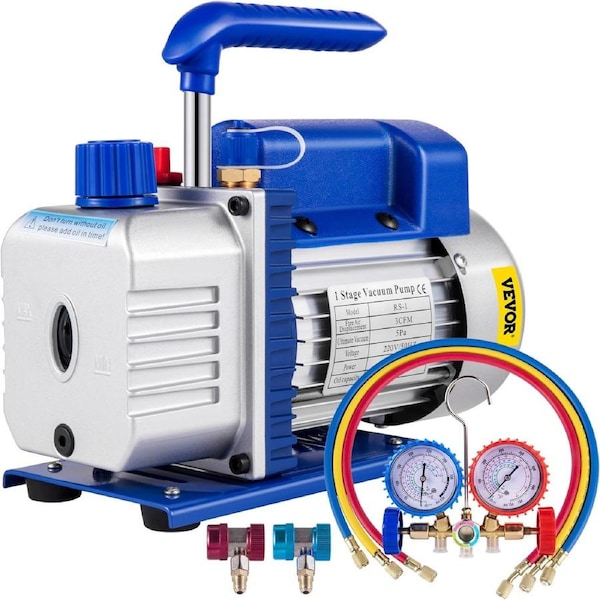 3CFM 84 L/M 1-Stage, Refrigerant Vacuum Pump Refrigeration Gauges A/C Air Conditioning 1440 RPM 1/4 HP, 3 pcs hoses 800 PSI Refrigeration Gauges