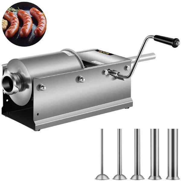 Manual Sausage Stuffer, 3 L / 7 LBS Horizontal Sausage Machine, Dual-Speed Meat Stuffer, Made of Food-Grade 304 Stainless Steel, Includes 5 Stuffing Tubes, for Home Kitchen Restaurant
