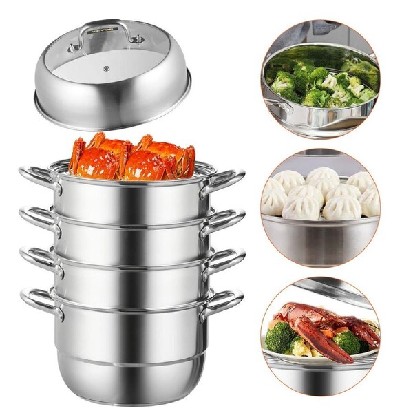 Dumpling Steamer Stainless Steel 5 Titer for for Cook Soup, Noodles, Fishes Work with Gas Electric Grill Stove Top, Dia 30cm/11.8inch, Pot