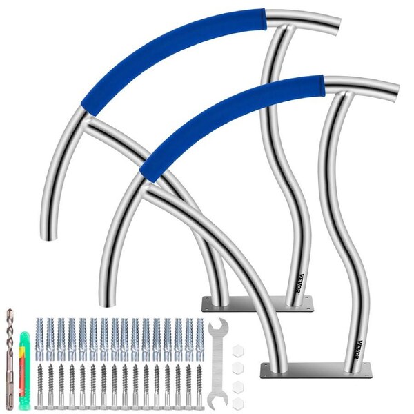 Pool Handrail, 30" x 30" Swimming Pool Stair Rail, 2 PCs Stainless Steel Stair Pool Hand Rail Rated 375lbs Load Capacity, Pool Rail with Quick Mount Base Plate, and Complete Mounting
