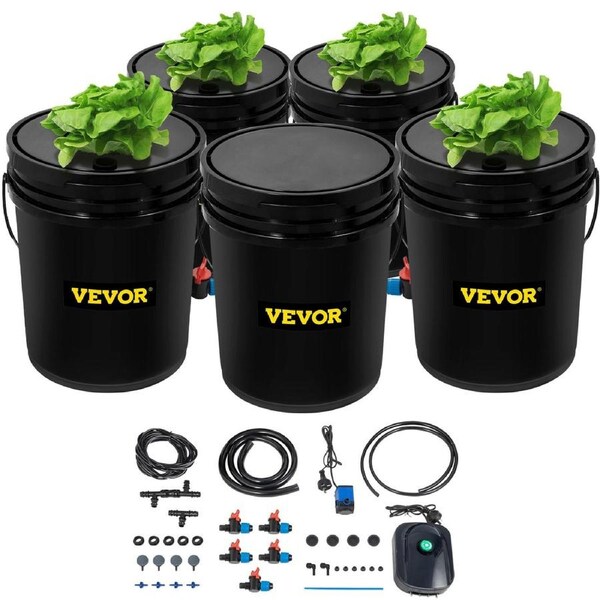 DWC Hydroponic System, 5 Gallon 5 Buckets, Deep Water Culture Growing Bucket, Hydroponics Grow Kit with Pump, Air Stone and Connected Reservoir, for Indoor/Outdoor Leafy