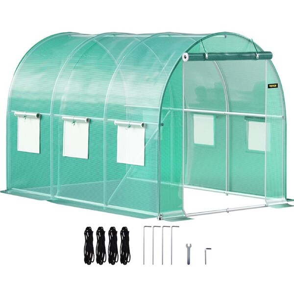 Walk-in Tunnel Greenhouse, 3 x 2 x 2 m, Portable Plant Hot House with Galvanised Steel Frame, 1 Top Bar, Diagonal Poles, Zipper Door and 6 Roll-Up Windows,