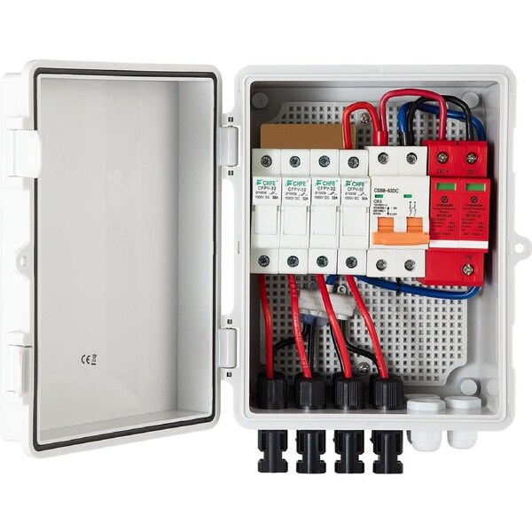 PV Combiner Box, 4 String with 15A Rated Current Fuse, 63A Circuit Breaker, Lightning Arreste Connector for On/Off Grid Solar Panel System, IP65