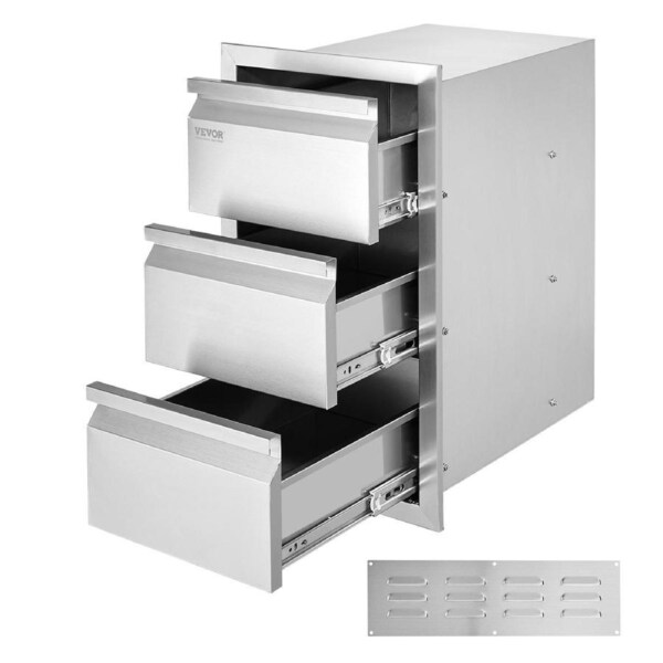 Outdoor Kitchen Drawers 14.7" W x 25.4" H x 18.7" D, Box Frame Style Flush Mount BBQ Drawers with Stainless Steel Handle, BBQ Island Drawers for Outdoor Kitchens or Patio Grill