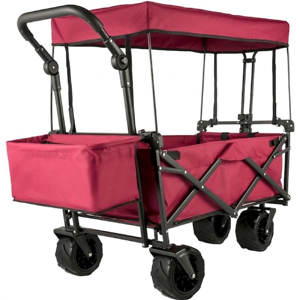 Folding Wagon Cart, Collapsible Folding Garden Cart w/ Shade Beach Utility
