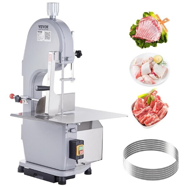 Commercial Electric Meat Bandsaw, 1500W Stainless Steel Countertop Bone Sawing Machine, Workbeach 19.3" x 15", 0.16-7.9 Inch Cutting Thickness, Frozen Meat Cutter with 6 Blades for Rib Pork