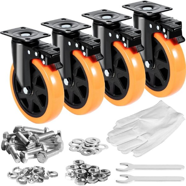 Caster Wheels, 152.4 mm Swivel Plate Casters, Set of 4, with Security A/B Locking No Noise PVC Wheels, Heavy Duty 318 kg Load Capacity Per Caster, Non-Marking Wheels for Cart Furniture