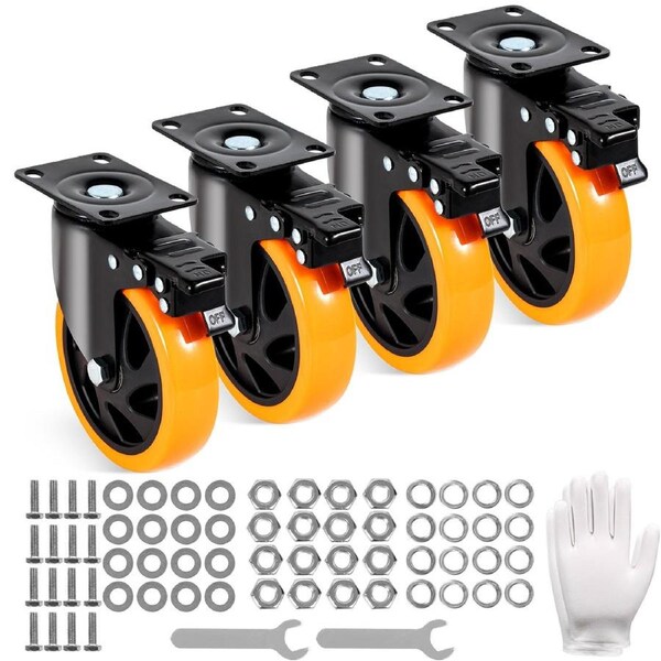 Caster Wheels, 127 mm Swivel Plate Casters, Set of 4, with Security A/B Locking No Noise PVC Wheels, Heavy Duty 204 kg Load Capacity Per Caster, Non-Marking Wheels for Cart Furniture