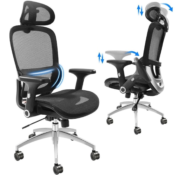 Mesh Office Chair, Adjustable High Back Desk Chair with Mesh Seat, Angle and Height Adjustable Home Office Chair with Lumbar and Head Support, Swivel Computer Task