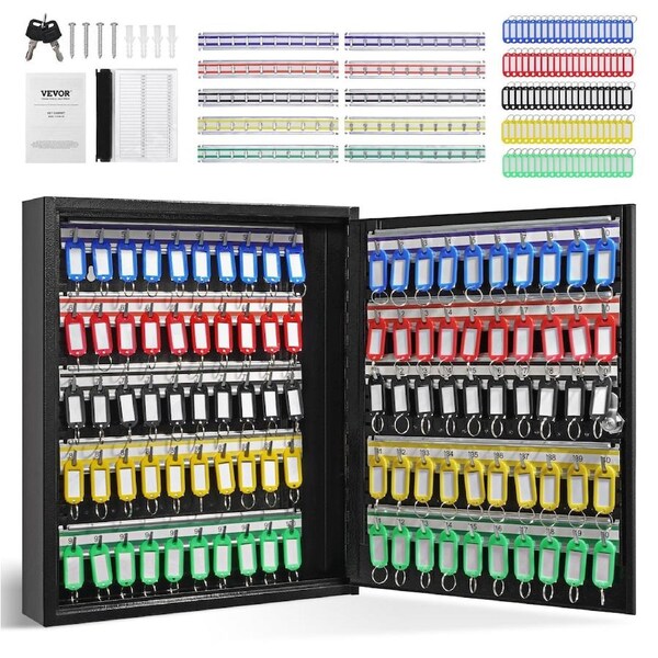 100-Key Cabinet, Key Lock Box with Adjustable Racks, Security Key Storage Box Steel, Key Organizer with 100 Colorful Key Tags and 2 Record Cards for School, Office,
