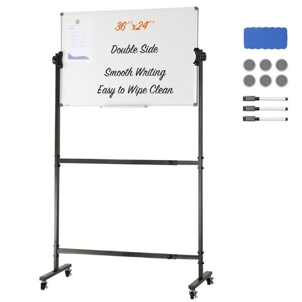 91.5x61cm Rolling Magnetic Whiteboard, Double-sided Mobile Whiteboard, Adjustable Height Dry Erase Board with Wheels, 1 Magnetic Erase & 3 Dry Erase Markers & Movable Tray Office,
